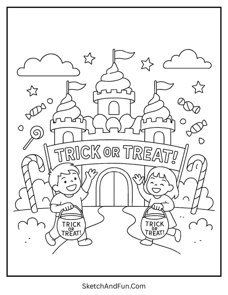 Candy castle with a big banner for trick or treat mandala coloring page.