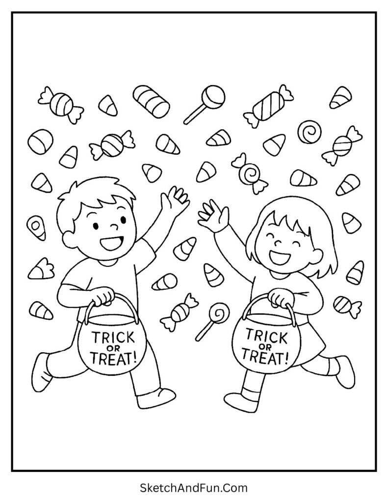 Kids catching candy rain for printable trick or treat coloring page PDF.