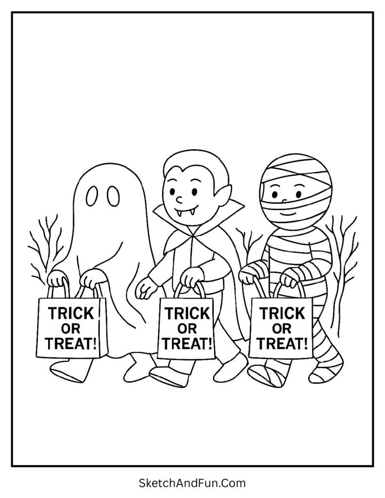 Kids in costumes walking with treat bags for trick or treat coloring pages Halloween costumes.