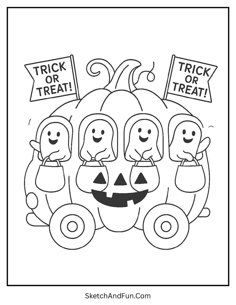 Pumpkin-shaped bus with happy ghosts for trick or treating coloring page printable.