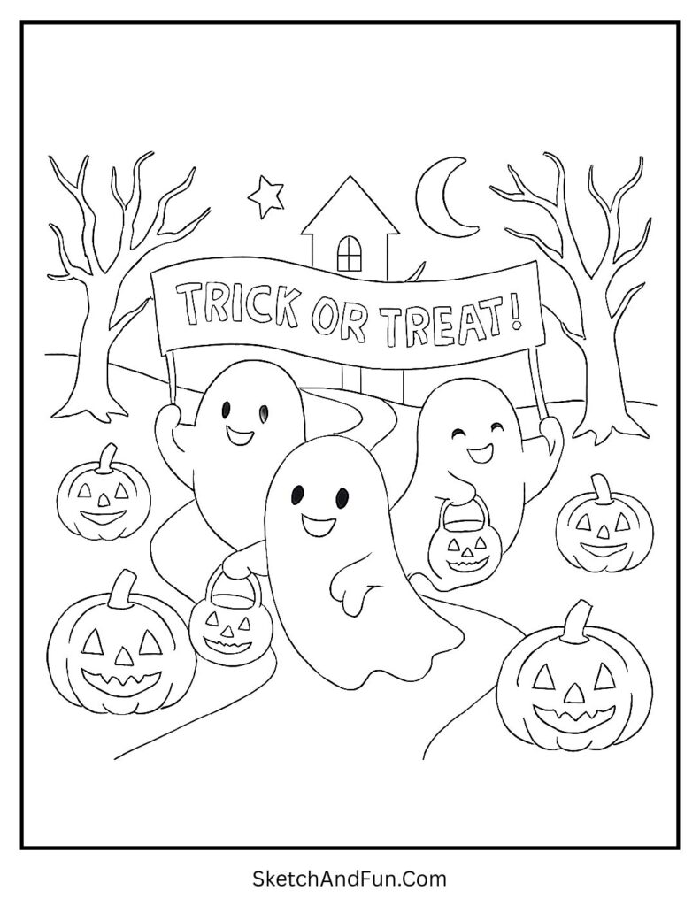 Cute ghosts with pumpkins and candy buckets for trick or treat coloring pages with ghosts and pumpkins.