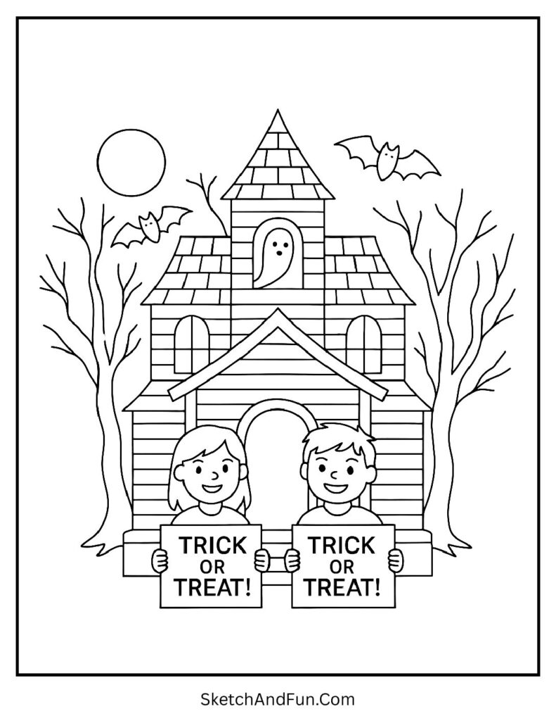 Fun haunted house with kids for Halloween trick or treat coloring pages.