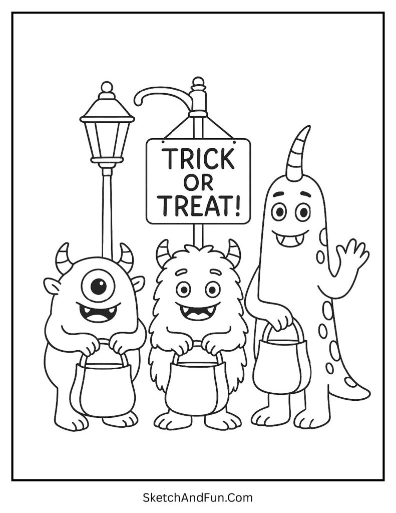 Friendly monsters with candy bags for trick or treat coloring pages for kids.