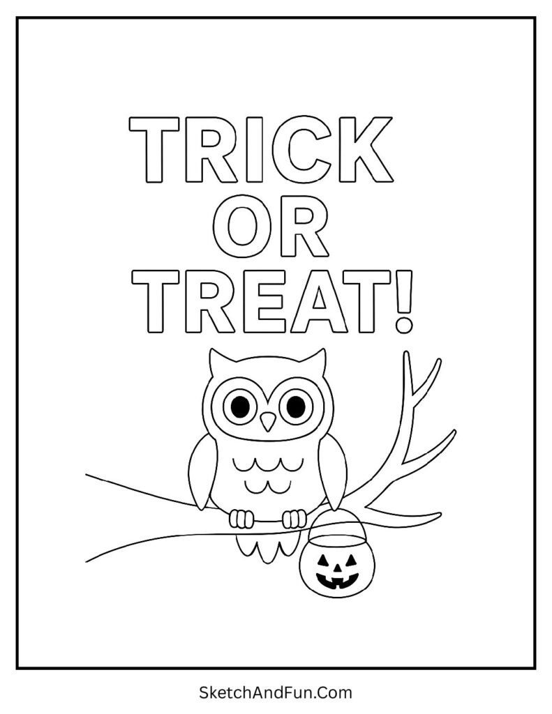 Owl holding candy bucket on a branch for trunk or treat coloring page.