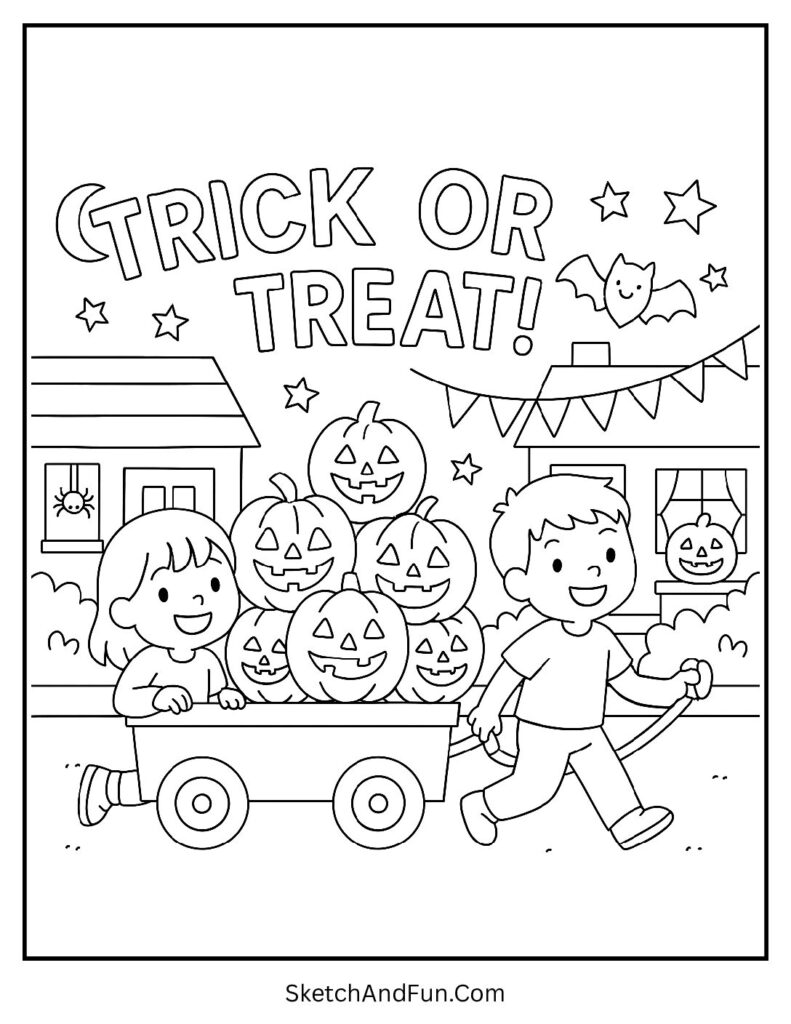 Kids pulling pumpkin wagon in a festive street for trick or treat coloring page Halloween scene.