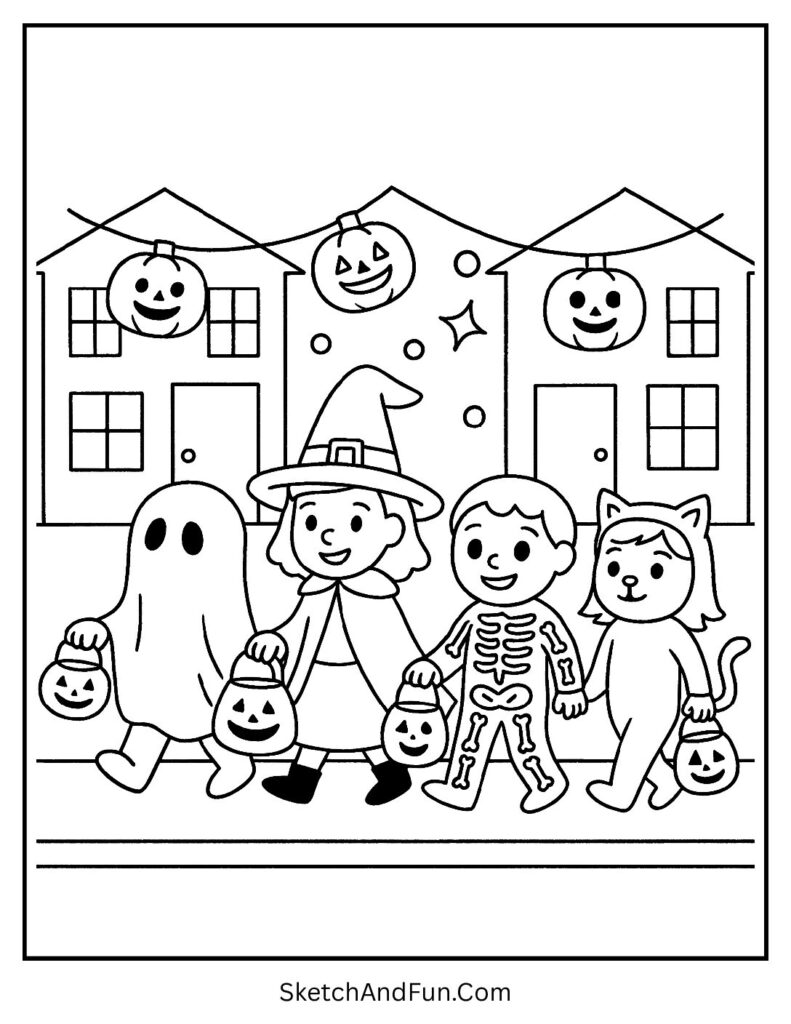 Kids trick-or-treating on a decorated street – Halloween trick or treat bag coloring pages