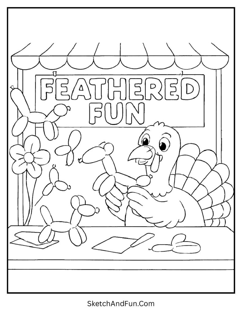 Turkey making balloon animals on Thanksgiving coloring and activity pages fun fair.