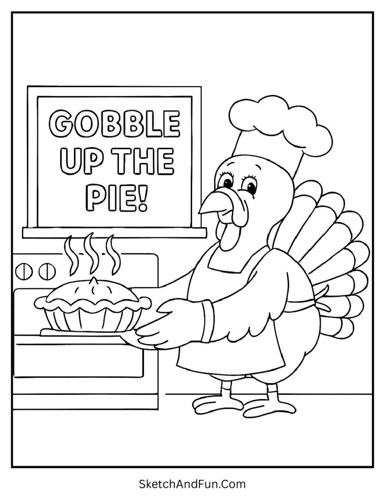 Turkey baking a pie on Thanksgiving turkey coloring pages in a cozy kitchen.