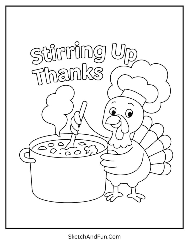 Turkey cooking soup for thanksgiving coloring pages digital download.