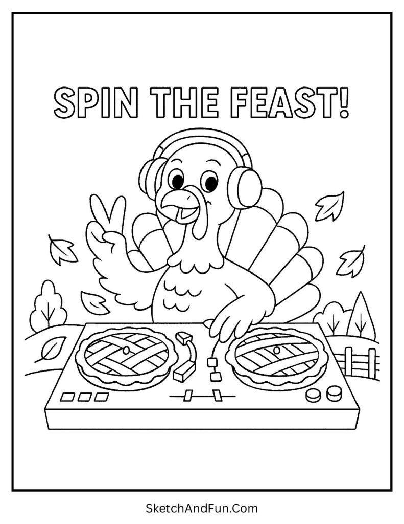 DJ turkey spinning pies for thanksgiving coloring pages craft printable.