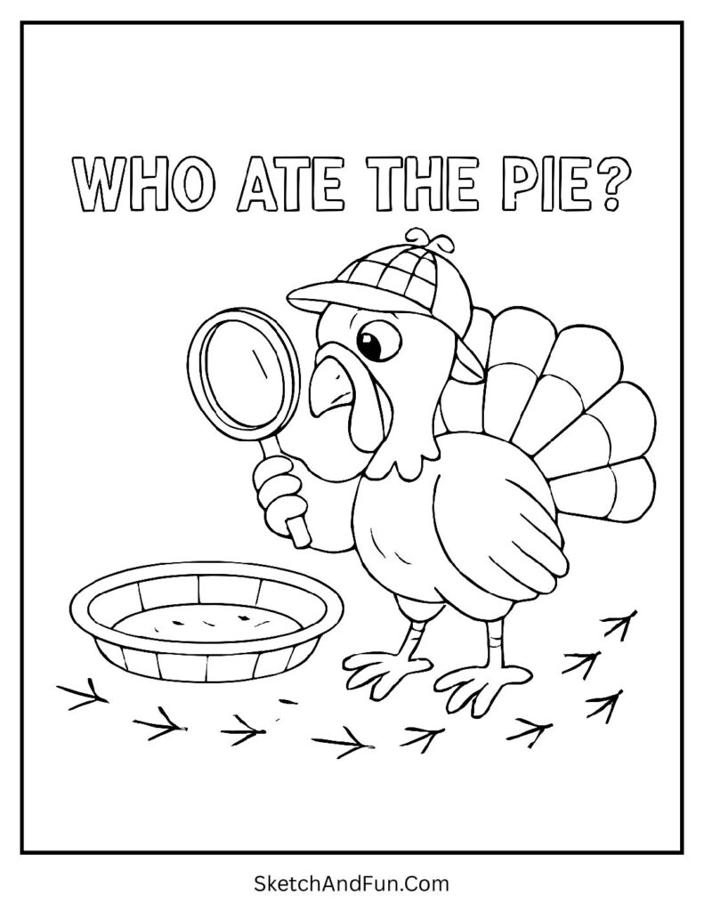 Detective turkey searching crumbs for thanksgiving coloring pages template.