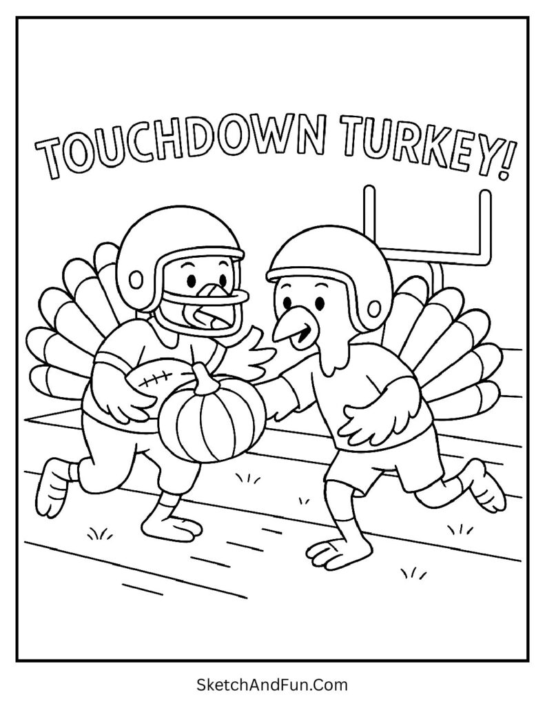 Turkeys playing football on thanksgiving coloring pages cute turkey with pumpkin ball.