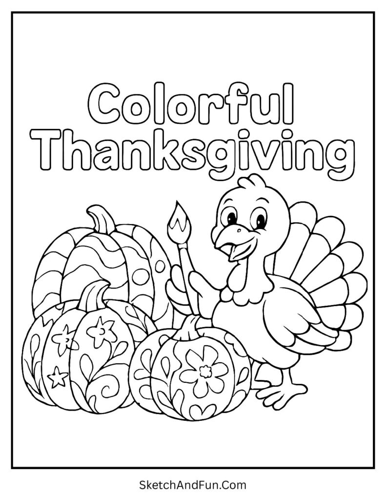 Turkey painting pumpkins on thanksgiving coloring pages pumpkins with bright colors.