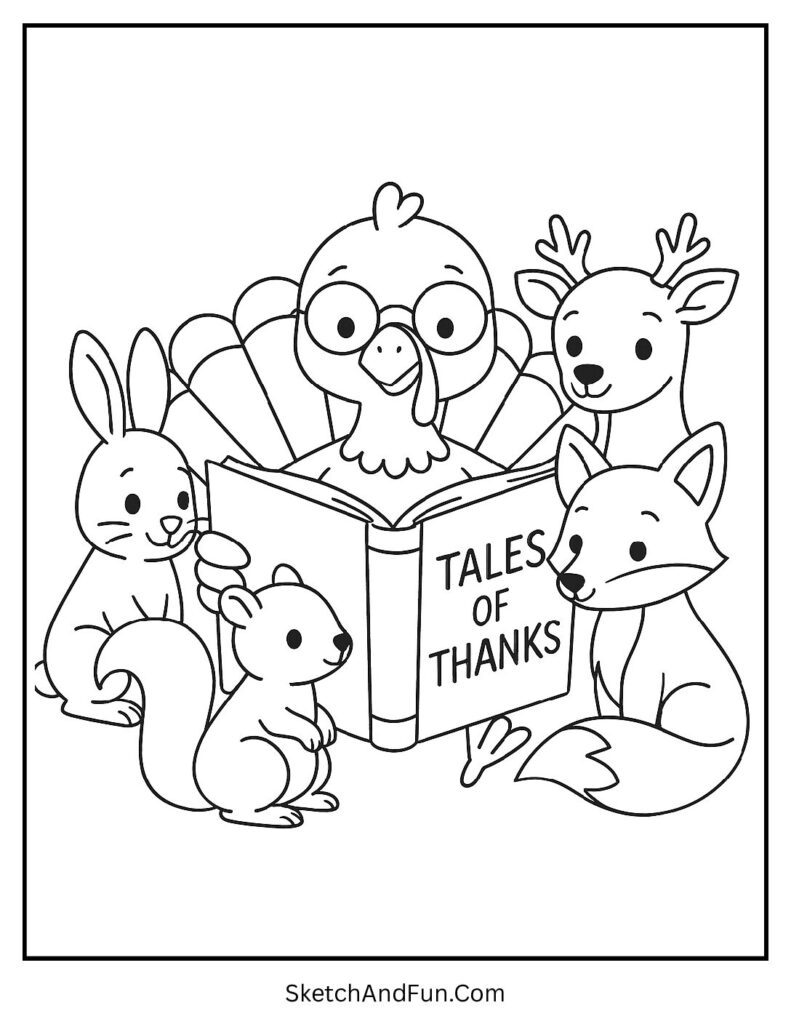 Turkey reading to forest animals for thanksgiving coloring pages educational.