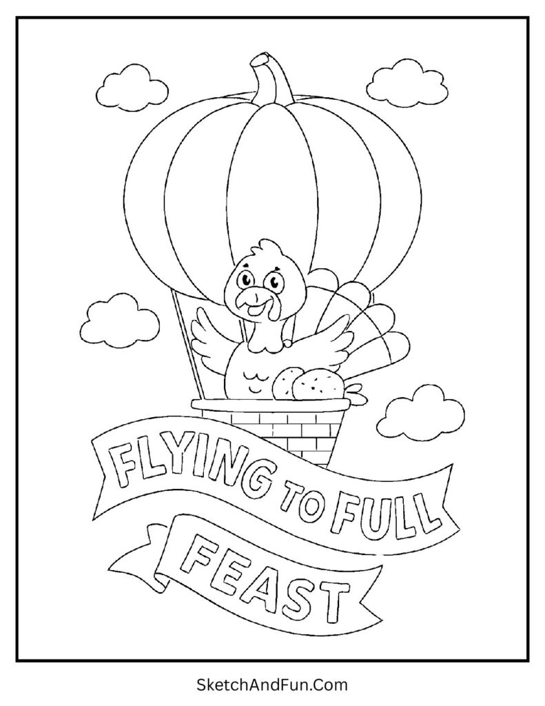 Turkey flying in a balloon on Thanksgiving coloring pages November with pumpkin sky.