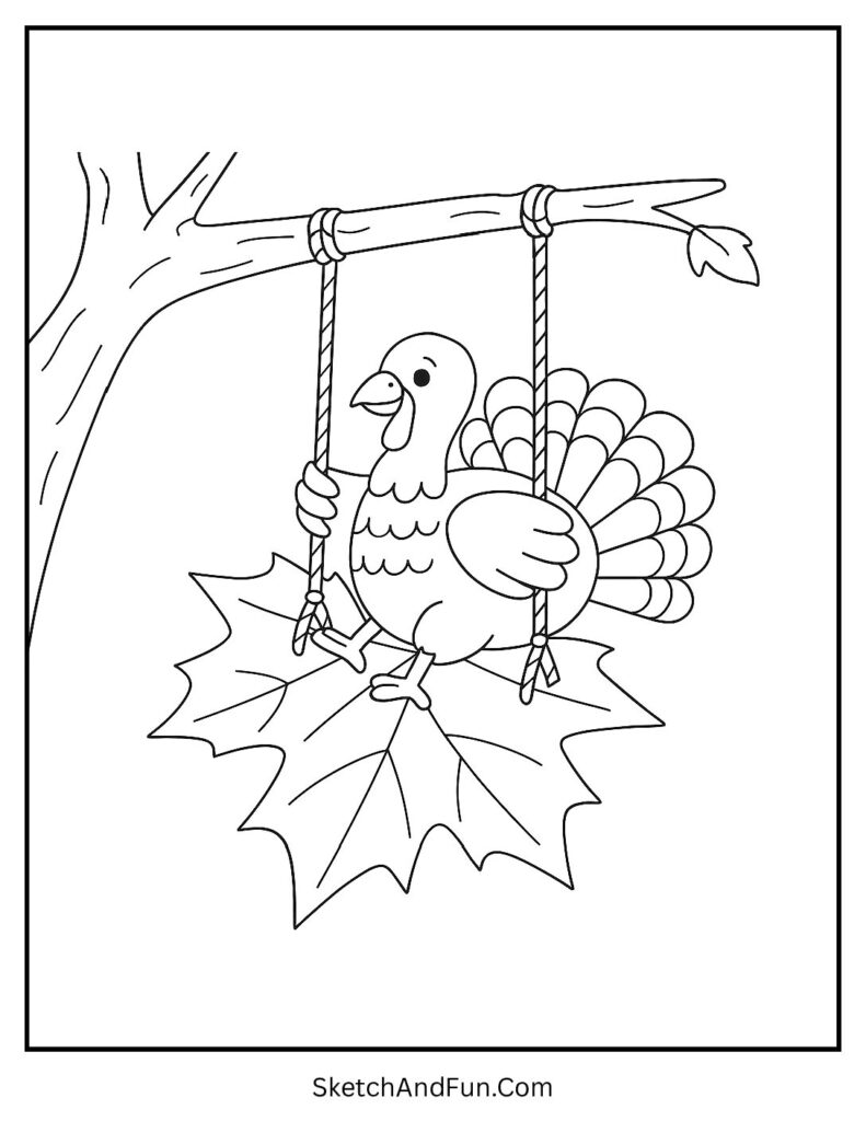 Turkey swinging on leaf for thanksgiving coloring page generator.