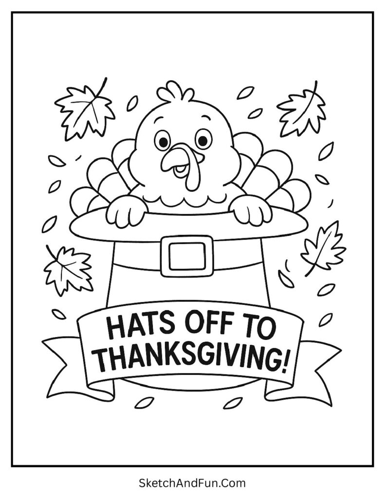Cute turkey popping from a Pilgrim hat for thanksgiving coloring pages AI generated.