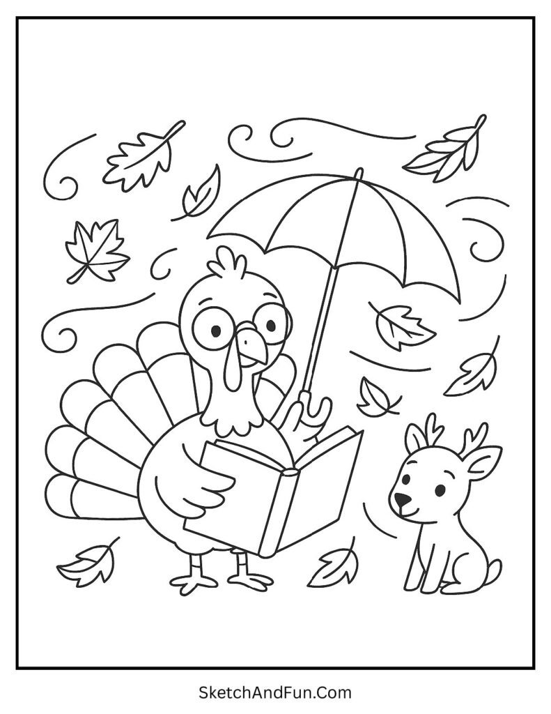 Turkey with umbrella in leaves for turkey day coloring pages.