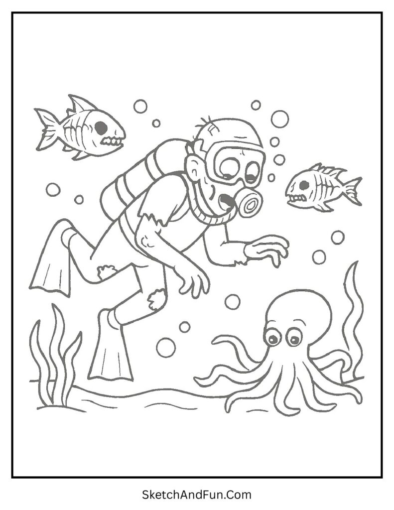 Underwater zombie diver with octopus – among us zombie coloring pages underwater.