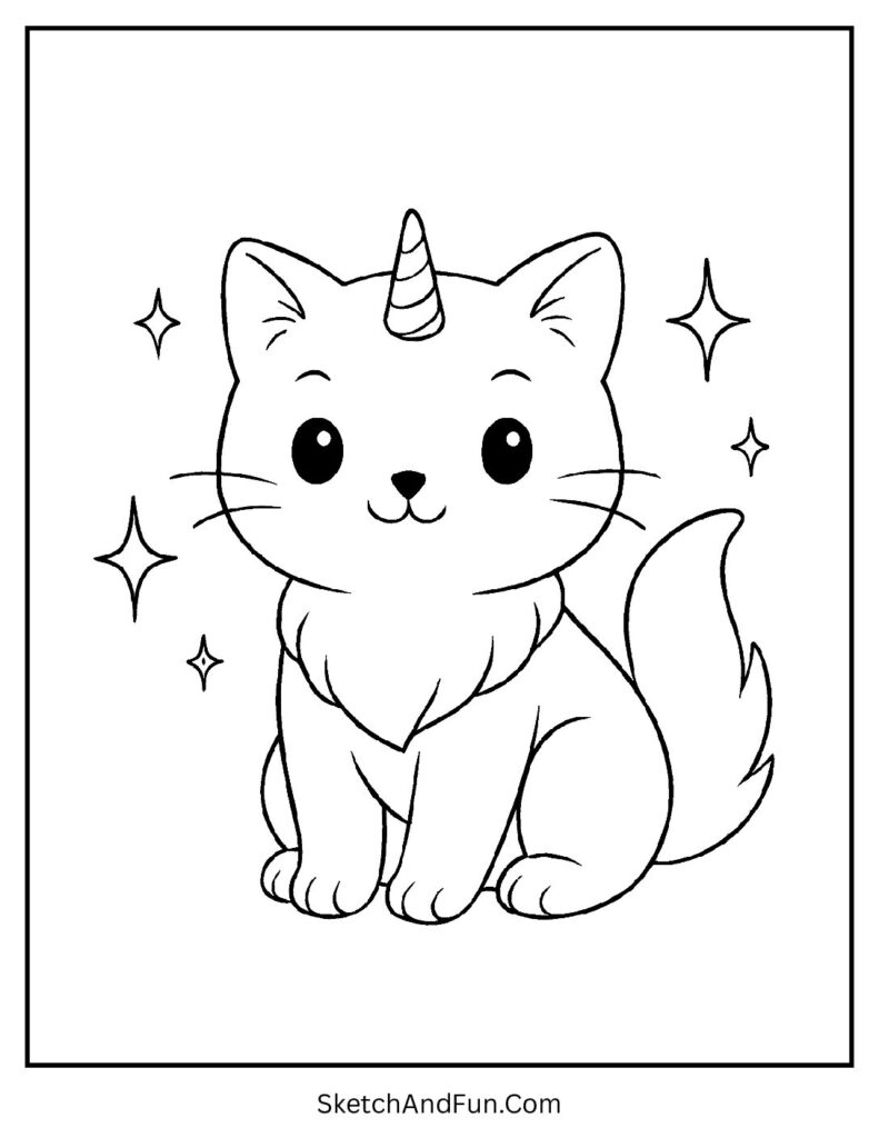 Tiny kitten with unicorn horn in sky for magical realistic kitten coloring pages design.