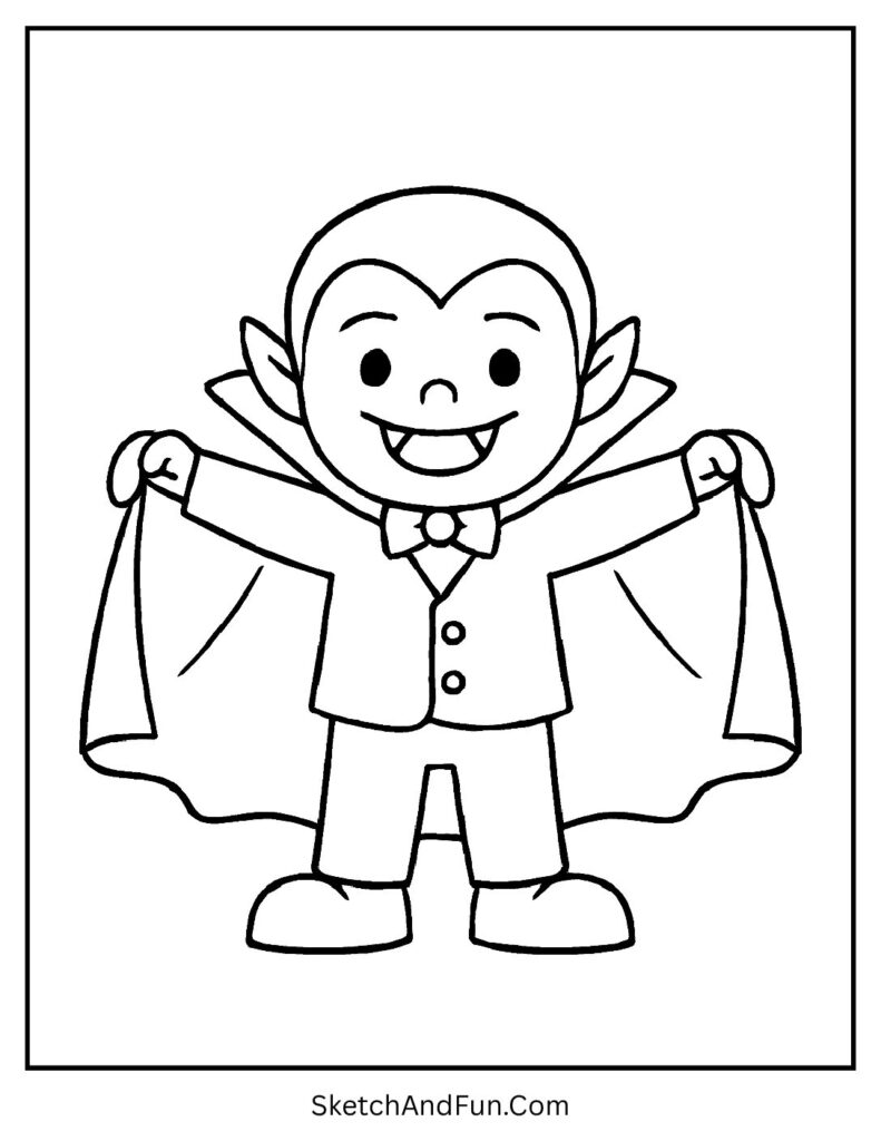 A vampire kid proudly showing off his cape – vampire coloring pages Halloween
