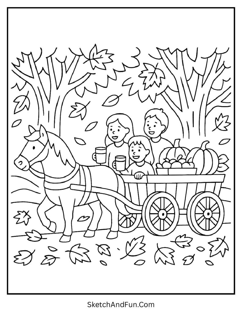 Fall forest coloring pages with a horse-drawn wagon full of happy kids