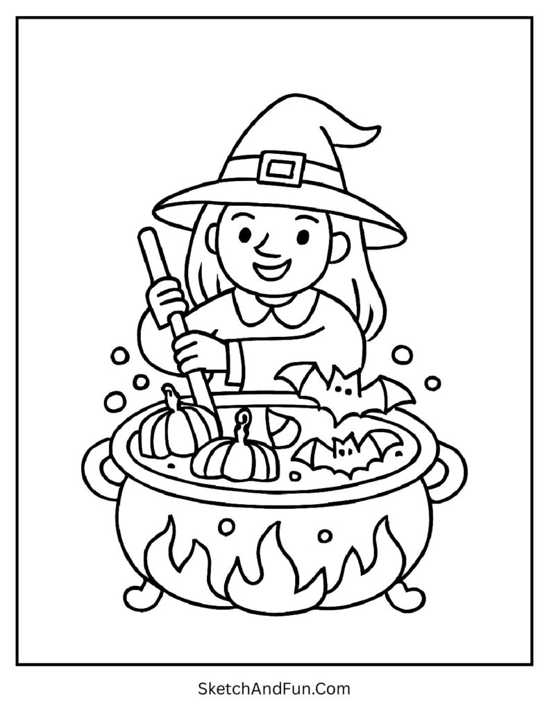 Witch Brewing Halloween Soup Coloring Page pdf