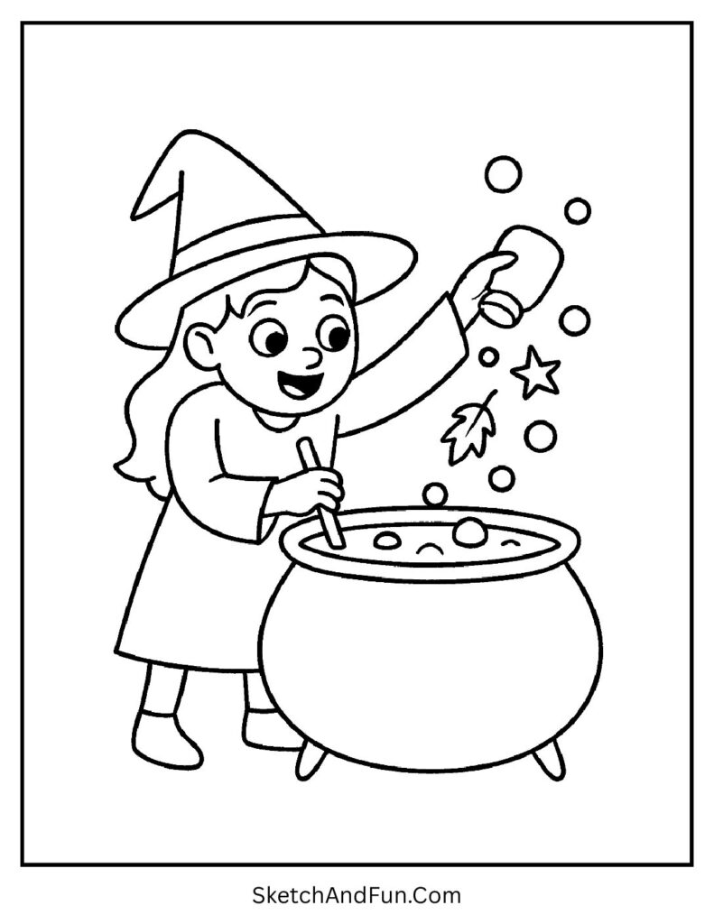 A young witch brewing potions in a cauldron – Halloween coloring worksheets