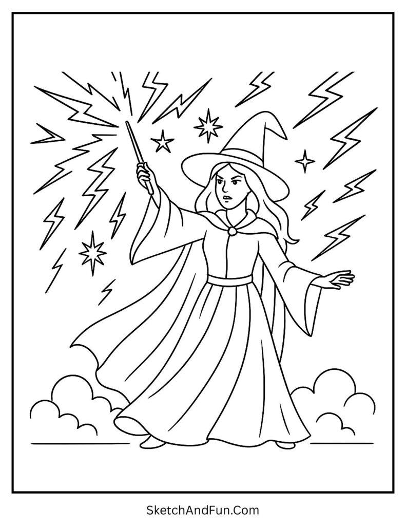 Witch Casting a Lightning Spell Coloring Page pdf