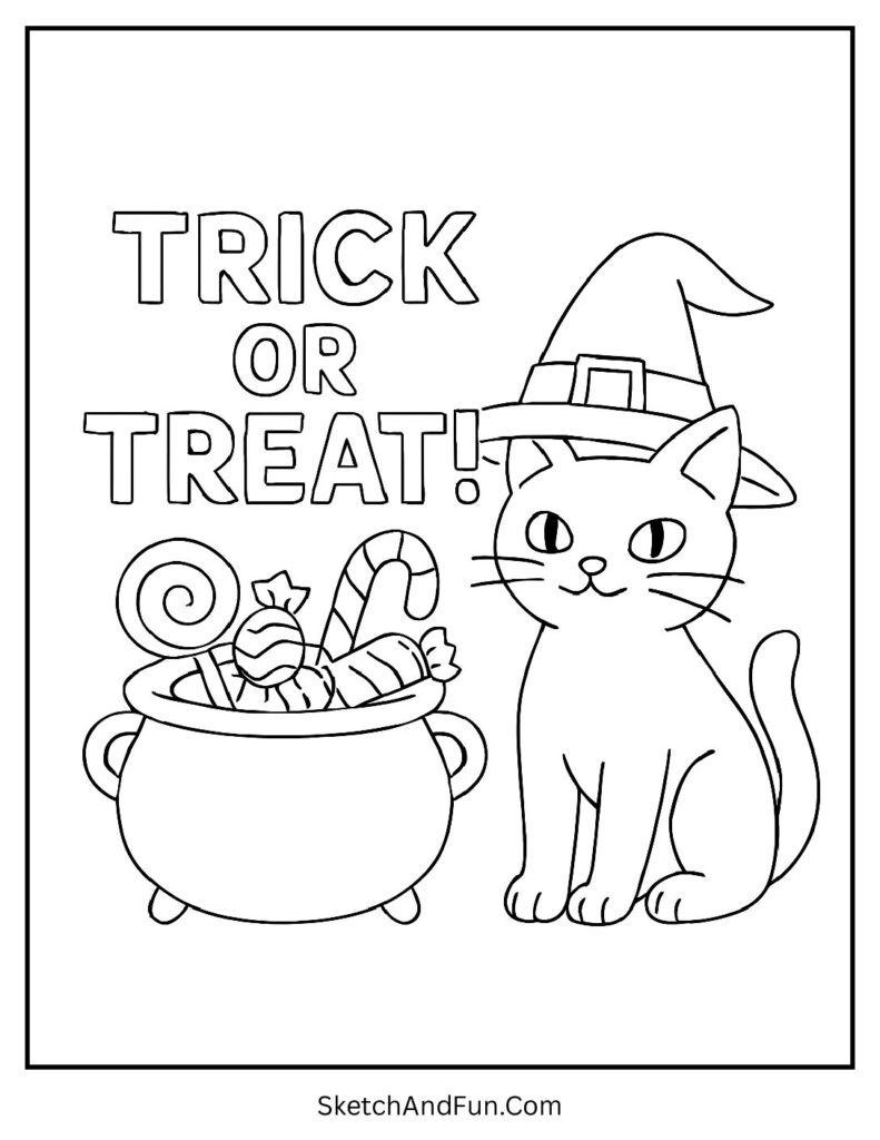Black cat with a witch hat and candy cauldron for trick or treat cat coloring sheet.