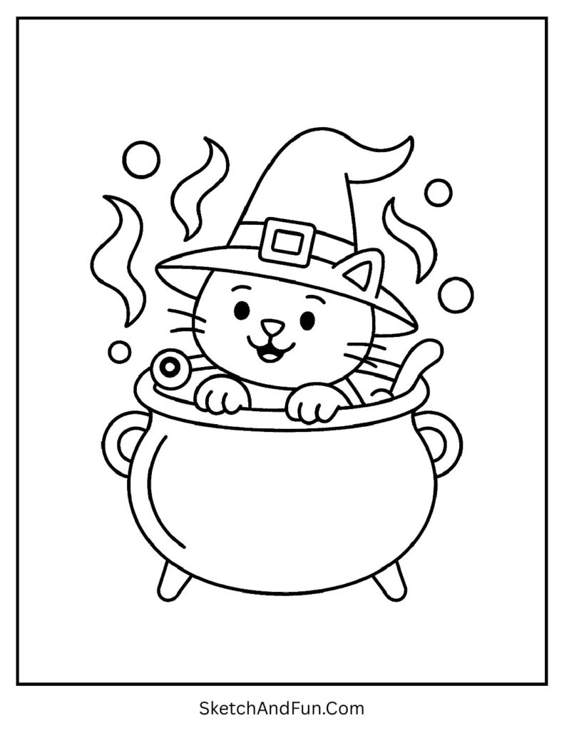 A playful witch cat popping out of a cauldron – cute witch coloring pages