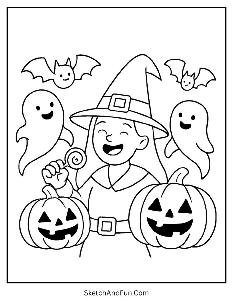Witch Celebrating Halloween with Friends Coloring Page pdf