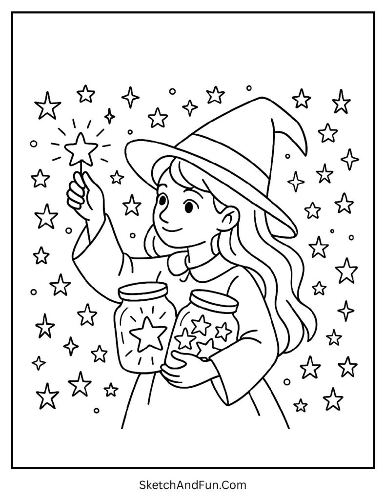 Witch Collecting Stars in a Jar Coloring Page pdf