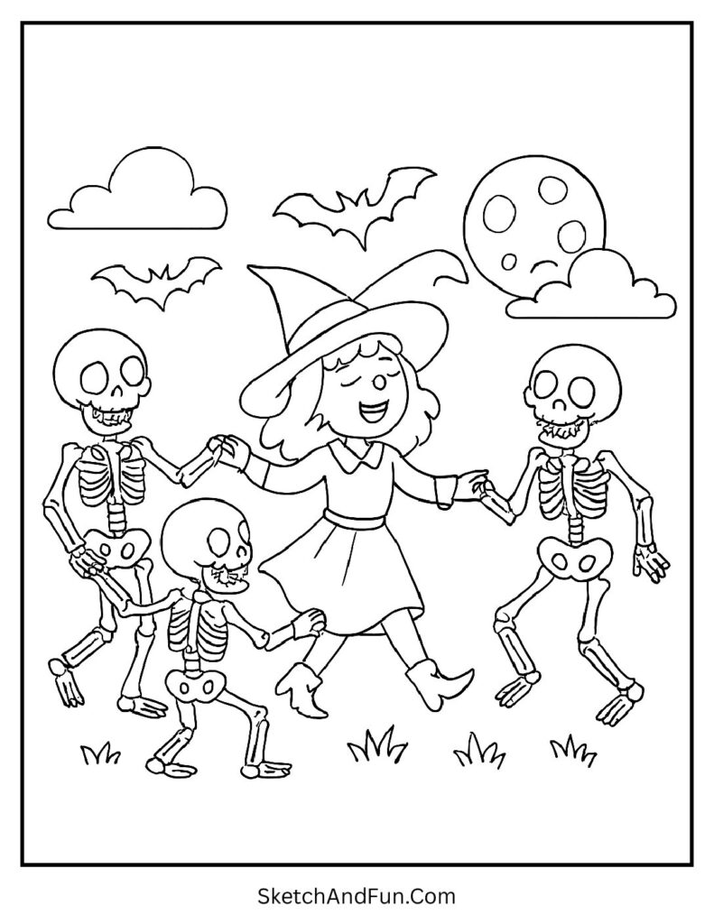 Witch Dancing with Skeletons Coloring Page pdf