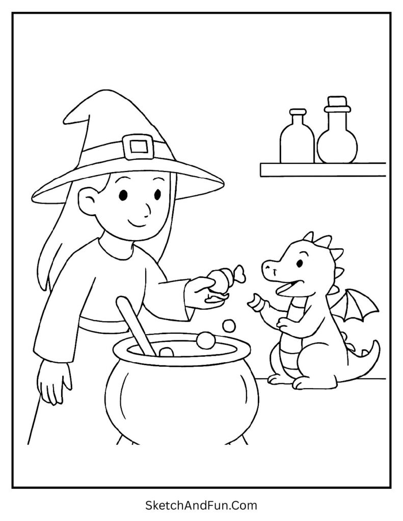 Witch Feeding Her Pet Dragon Coloring Page pdf