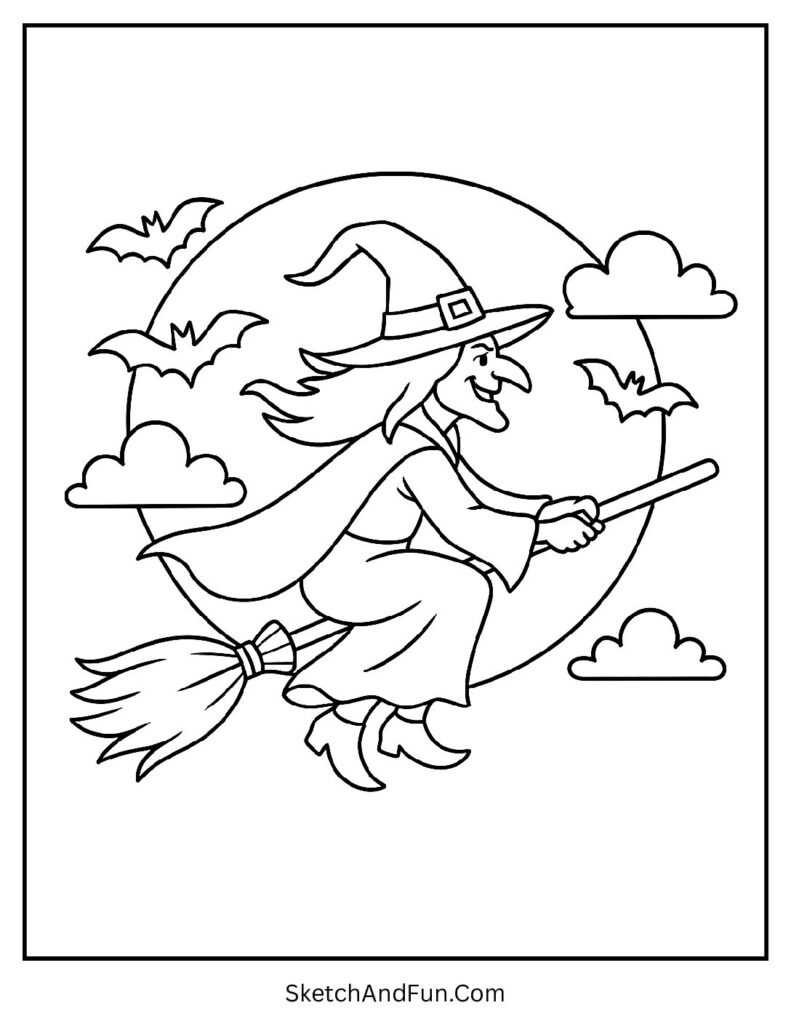 Witch Flying Across the Moon Coloring Page pdf