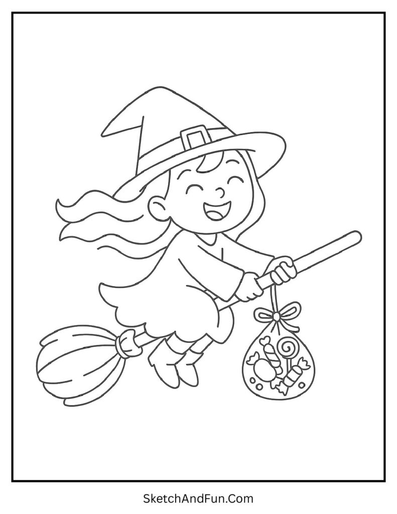 Witch flying with candy bag for hard trick or treat coloring page for older kids.