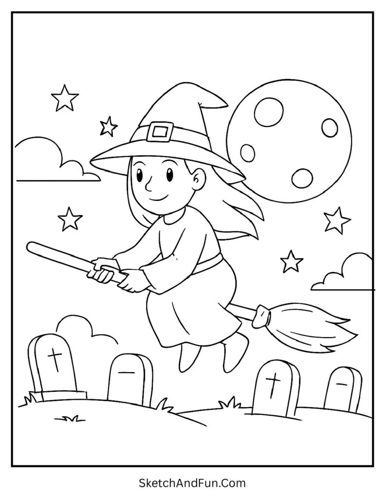 Witch Flying Over a Graveyard Coloring Page pdf