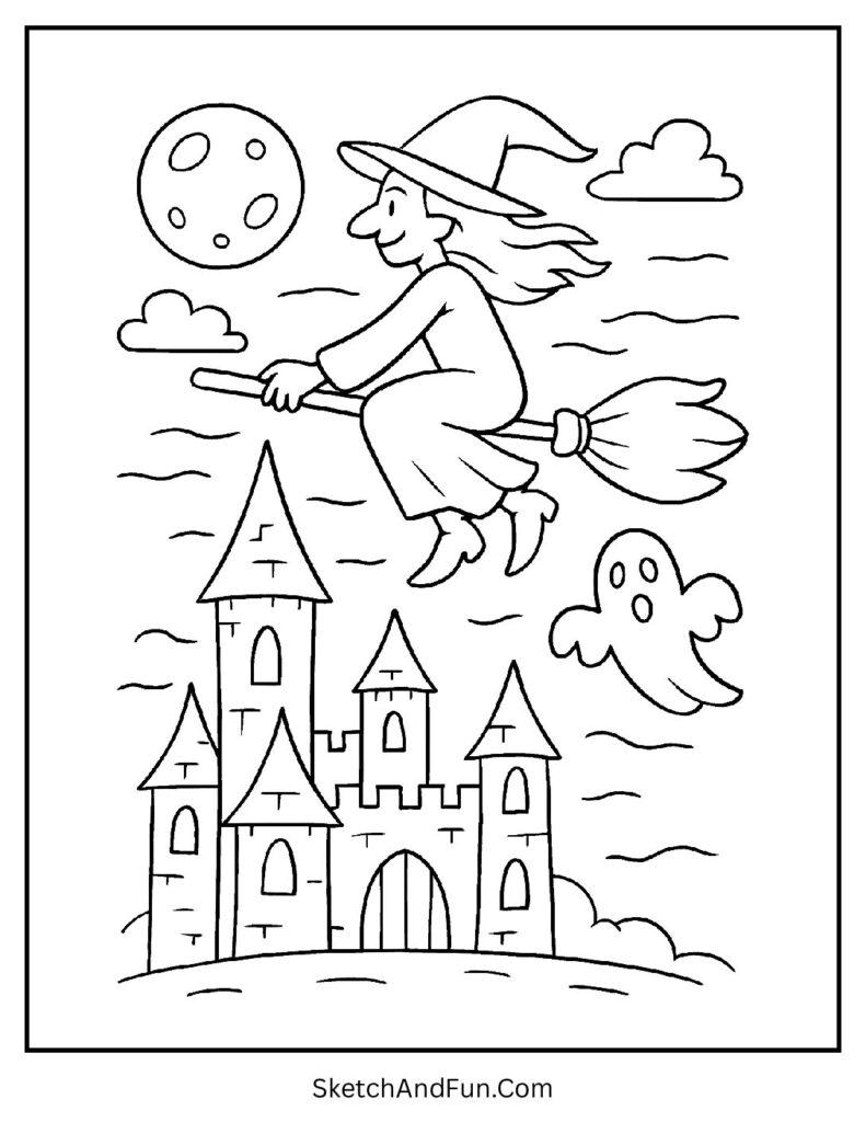 Witch Flying Over a Haunted Castle Coloring Page pdf