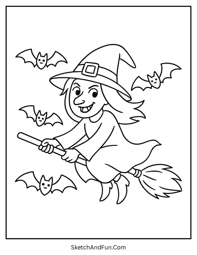Witch Flying with Bats Coloring Page pdf
