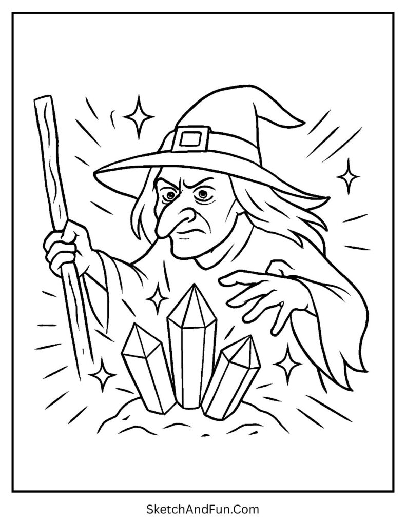 Witch Guarding Her Magic Crystals Coloring Page pdf