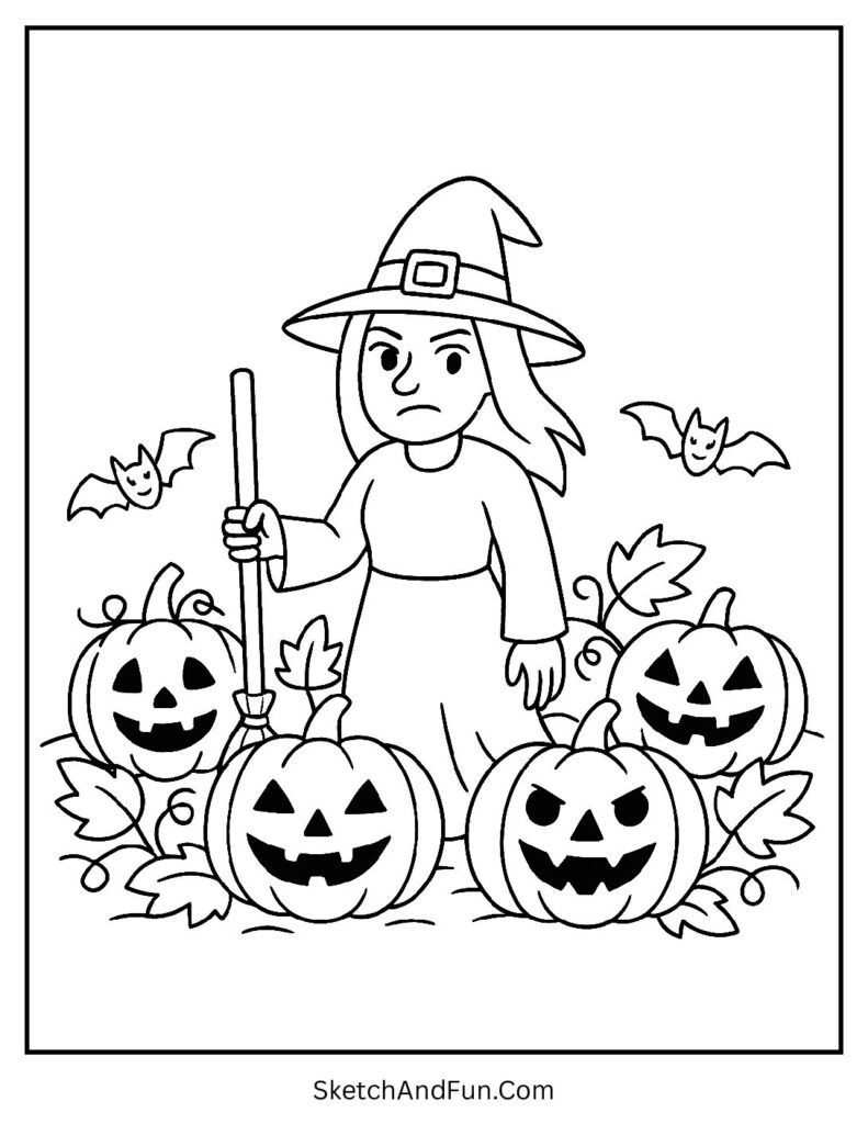 Witch Guarding a Pumpkin Patch Coloring Page pdf