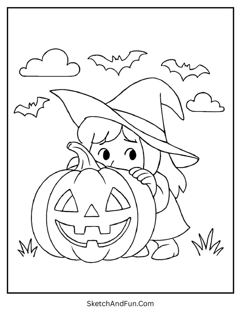 Witch Hiding Behind a Giant Pumpkin Coloring Page pdf