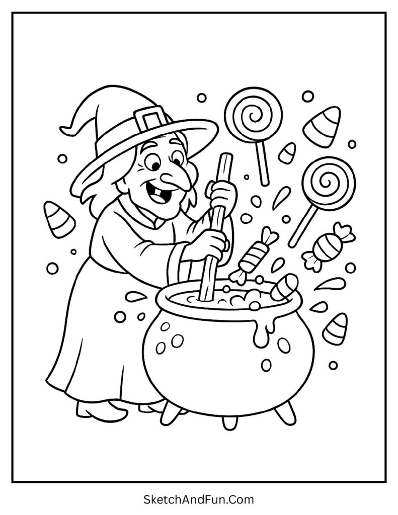 Witch Making Candy Spells Coloring Page 1 pdf