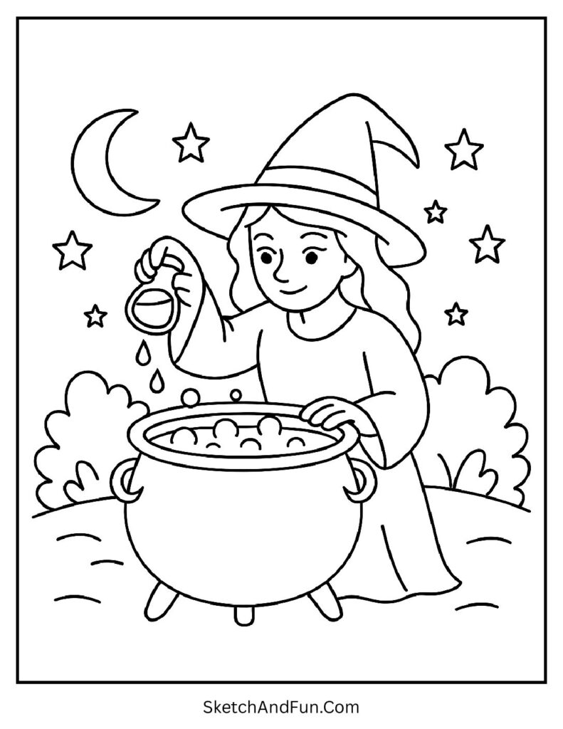 Witch Mixing Glow in the Dark Potions Coloring Page pdf