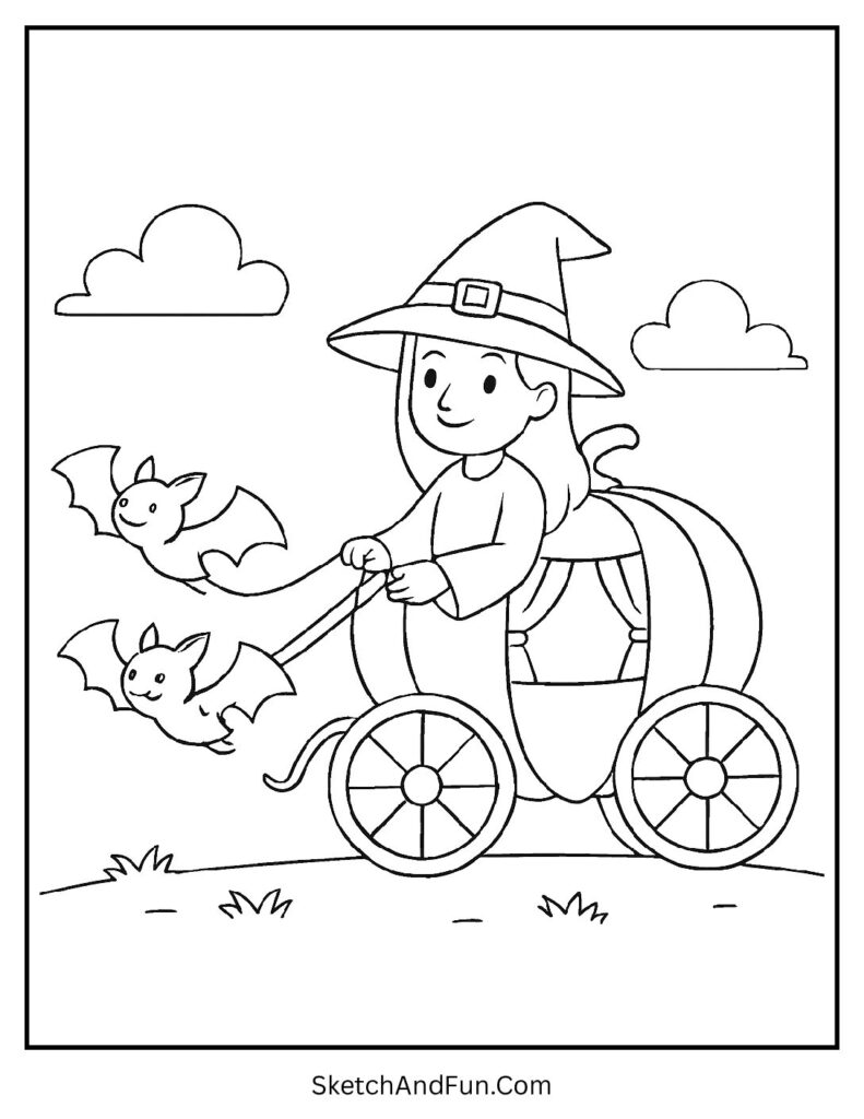 Witch Riding a Pumpkin Carriage Coloring Page pdf