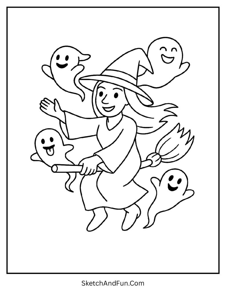 Witch Riding with Ghosts Coloring Page pdf