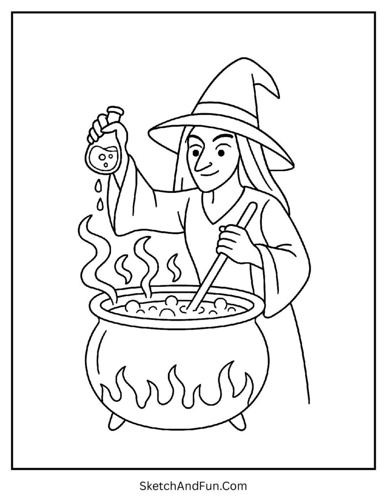 Witch Stirring a Bubbling Cauldron Coloring Page pdf