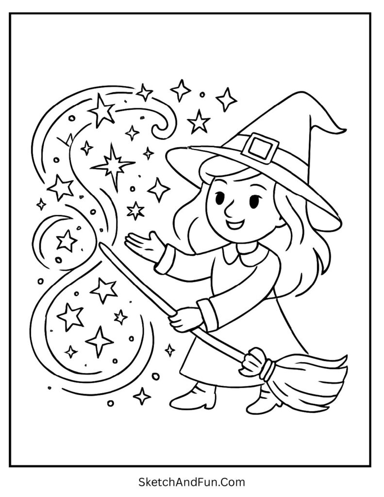 Witch Surrounded by Magic Stars Coloring Page pdf