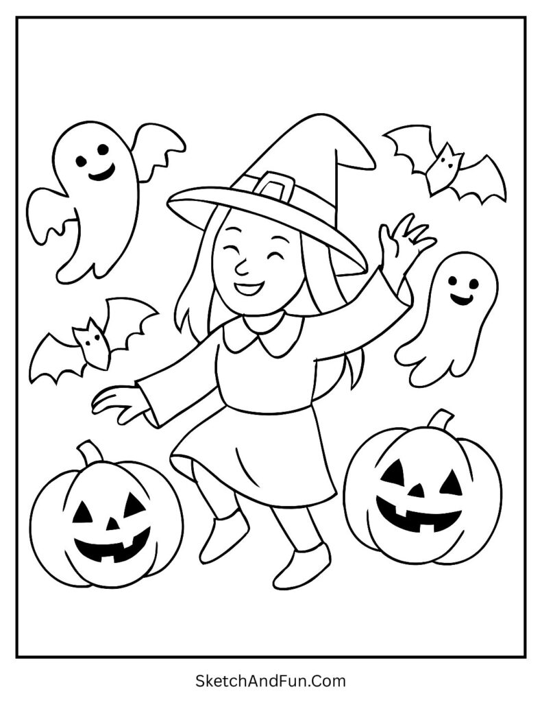 Witch at a Halloween Party Coloring Page pdf